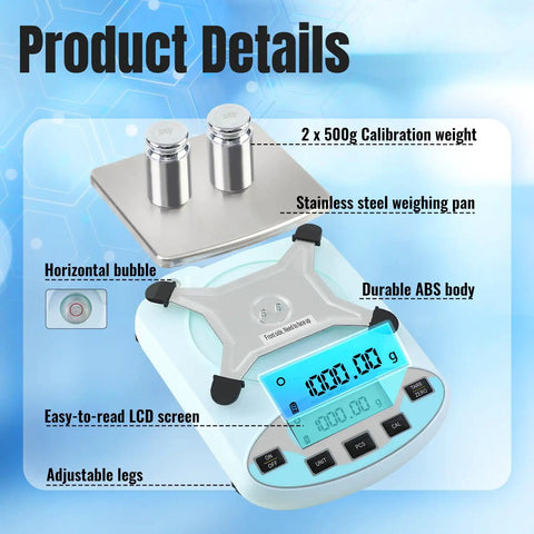 Pro Grade 0.01g Digital Lab Scale With 6000g Capacity For Kitchen Lab Jewelry And Science 13 Unit Conversions Auto Calibration 500g Weights Included High Precision Electronic Balance with stainless steel weighing pan and LCD screen.