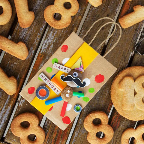 Eco Friendly Kraft Paper Gift Bags With Handles 100 Pack 5.25x3x8 Inches Small Brown Paper Sacks For Small Biz Retail Merchandise Wedding Party Favor, birthday themed decoration on bag with cookies