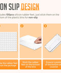 Instructional image showing setting up non-slip silicon rubber feet on Clear Drawer Organizer Set 25 Piece Plastic Storage Bins.