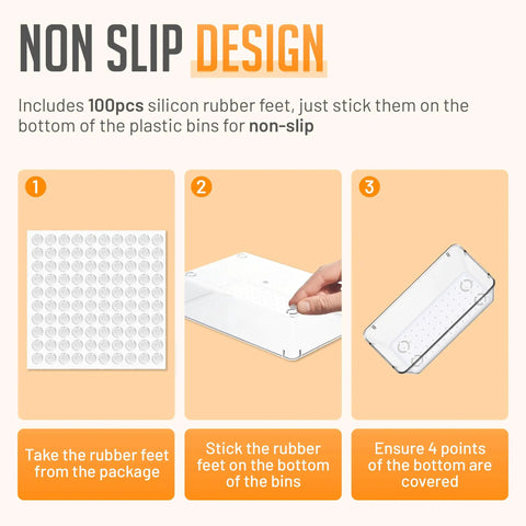 Instructional image showing setting up non-slip silicon rubber feet on Clear Drawer Organizer Set 25 Piece Plastic Storage Bins.