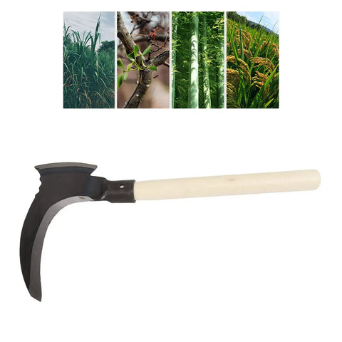 Double Sickle Garden Tool With High Manganese Steel Blade, shown with images of vegetation for mowing grass and pruning trees