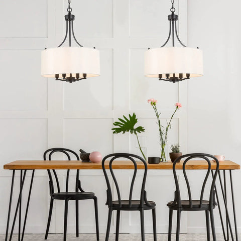 Totally Chic Modern Farmhouse Drum Chandelier With Linen Fabric Shades For Dining Room And Kitchen Island Easy Install Pendant Lighting 16 Inch Diameter Clean Candle Style Look over dining table
