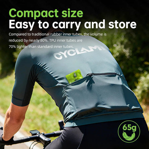 Cyclist wearing jersey with TPU bike inner tube in pocket, highlighting compact size and weight of 65g for mountain biking.