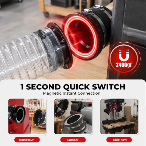4 Inch Magnetic Dust Collection Kit Featuring High Grade N52 Snap On Fittings Quick Connect Dust Hose Adapter for bandsaw and sander.