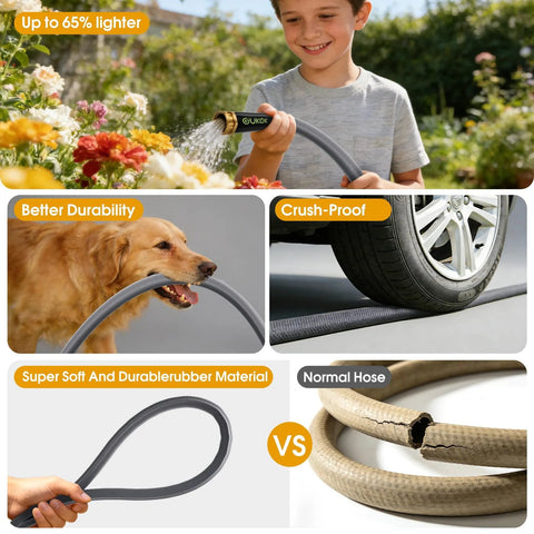 GUKOK garden hose, 100 ft gray flexible hose; child in garden with flowers, ideal for outdoor cleaning.