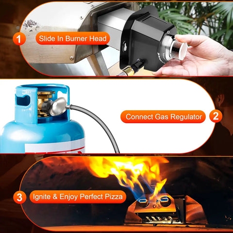 Steps showing Propane Gas Burner Conversion Kit for Karu 16 and Karu 2 Pro Pizza Ovens 28Mbar 3Ft Hose installation.