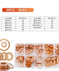 Solid Annealed Pure Copper Flat Washers Kit Vibrant Orange M5 To M20 With 1Mm And 2Mm Thickness Ideal For Hardcore Auto Repair Where You Need Reliable Sealing Performance On Heavy Load Application Without Struggling Too Much At All. 200pcs M5-M14 copper washers in compartment box