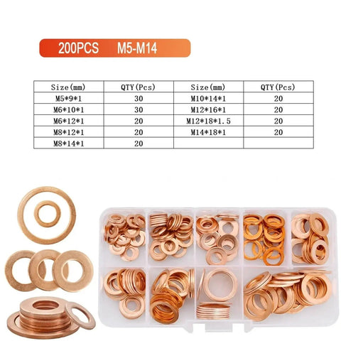 Solid Annealed Pure Copper Flat Washers Kit Vibrant Orange M5 To M20 With 1Mm And 2Mm Thickness Ideal For Hardcore Auto Repair Where You Need Reliable Sealing Performance On Heavy Load Application Without Struggling Too Much At All. 200pcs M5-M14 copper washers in compartment box