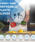 Person wearing disposable poly food prep gloves holding bell peppers, Disposable Poly Food Prep Gloves One Size Fits Most Clear 500 Count.