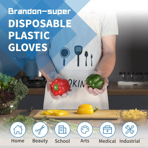 Person wearing disposable poly food prep gloves holding bell peppers, Disposable Poly Food Prep Gloves One Size Fits Most Clear 500 Count.