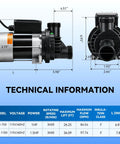 Top Shelf 1.5Hp Hot Tub Spa Pump Equipped With Strong 110V Copper Motor, side view with dimensions and technical specs.