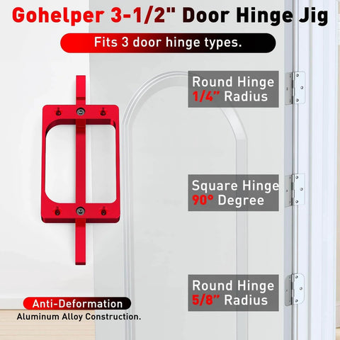 Pro Grade 6061 Aluminum Door Hinge Template Kit For Router And Jamb shown with different hinge types and measurements.