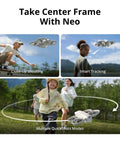 Neo Mini Drone With 4K UHD Camera Dope Lightweight 135g shown flying with subject tracking and QuickShots modes in action