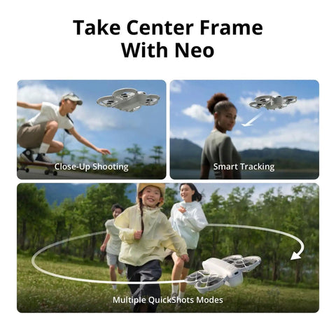 Neo Mini Drone With 4K UHD Camera Dope Lightweight 135g shown flying with subject tracking and QuickShots modes in action