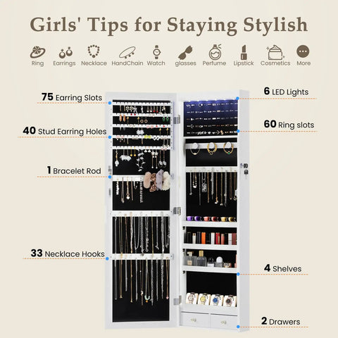 6 LED Lighted Mirror Jewelry Cabinet open showing organized slots for jewelry including 75 earring slots, shelves, and necklace hooks