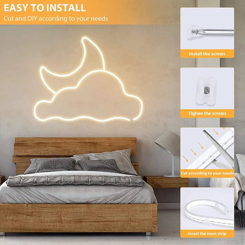LED Neon Rope Lights 12V Warm White Dimmable 16 Feet Waterproof Silicone Neon Strip 3000K For Bedroom Indoor Vibe Decor Side Brightness For Brighter Glow Power Adapter Included above bed