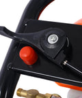 Close-up of control lever and red button on Portable Gas Powered Backpack Sprayer For Garden And Farm Use Two Stroke One Point Five Horsepower Engine Delivers Up To Five Hundred Seventy PSI At Eight Thousand Five Hundred RPM Ideal For Crop Spraying And Vehicle Or Equipment Cleaning