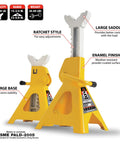 Ratchet Style Jack Stand Set For Lifting Vehicles During Maintenance Heavy Duty 6 Ton Capacity Easy Height Adjustments Yellow Durable Steel Construction For Safe Vehicle Support displayed in front view with large saddle and stable base.