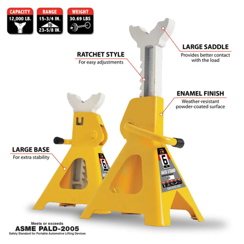 Ratchet Style Jack Stand Set For Lifting Vehicles During Maintenance Heavy Duty 6 Ton Capacity Easy Height Adjustments Yellow Durable Steel Construction For Safe Vehicle Support displayed in front view with large saddle and stable base.