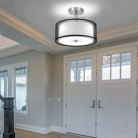 Three Light Modern Semi Flush Mount Ceiling Light With Drum Shade And Double Fabric Shade Brushed Chrome Finish Close To Ceiling Fixture For Living Room Dining Room Bedroom Hallway Entry Foyer