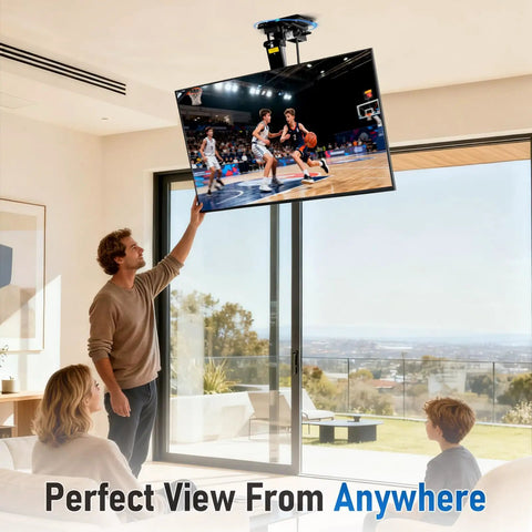 Heavy Duty 360 Degree Turntable Base For Ceiling TV Mounts showing smooth swivel in living room setup with viewer adjusting TV.