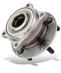 Close-up of front and rear wheel bearing and hub assembly, 5-lug, for Hyundai Santa Fe and Kia Sorento, AWD/FWD, 2007-2020, direct fit replacement.