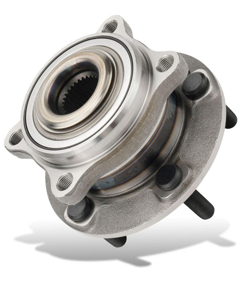Close-up of front and rear wheel bearing and hub assembly, 5-lug, for Hyundai Santa Fe and Kia Sorento, AWD/FWD, 2007-2020, direct fit replacement.