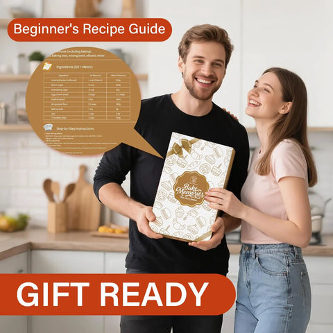 Couple in kitchen holding cookbook gift box labeled 'Beginner's Recipe Guide' with recipe text and 'Gift Ready' banner.