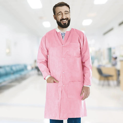 Man wearing Pink Disposable Lab Coat 2XL Unisex SMS 45GSM Breathable With Snap Front And Knit Collar Cuffs 3 Pockets