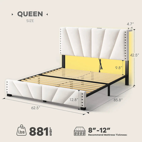 Queen Bed Frame With Smart Led Lights And Dual Usb Ports App Remote Music Sync And Custom Timer For A Lowkey Dreamy Bedroom Setup Solid Noise Free Platform In Cozy Beige, featuring a velvet headboard.