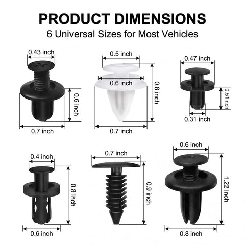 100 Piece Car Rivets Fasteners Kit With 6.3mm 8mm 9mm 10mm Multi Size Bumper Retainer Clips, Heavy Duty Plastic Auto Fastener Set For Cars And Trucks, Black dimension chart