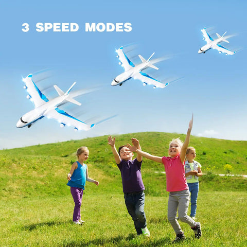 Starter Friendly Foam RC Airplane With 3 Batteries flying in a park with kids beneath, illustrating 3 speed modes.