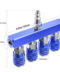Four Way Air Manifold One Quarter Inch Air Hose Splitter Industrial Quick Connect Fitting With Four Couplers Plug Blue Aluminum Sleeve