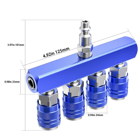 Four Way Air Manifold One Quarter Inch Air Hose Splitter Industrial Quick Connect Fitting With Four Couplers Plug Blue Aluminum Sleeve