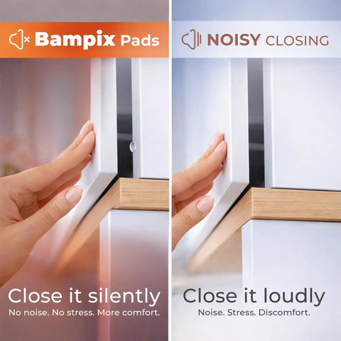 Image comparing sound qualities of Skip Annoying Door Slams Cabinet Bumpers And Self Adhesive Silicone Furniture Pads kit when closing.