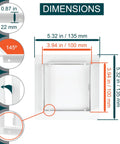 Top Shelf No Sweat Drywall Access Panel dimensions image showing sizes and angles for 4x4 inch recessed design, smooth operation.