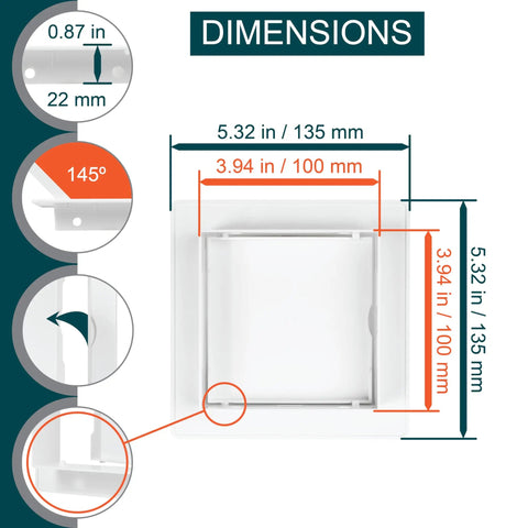 Top Shelf No Sweat Drywall Access Panel dimensions image showing sizes and angles for 4x4 inch recessed design, smooth operation.