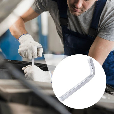 Four Piece L Shaped Square Head Wrench Set With 3mm 4mm 5mm And 6mm Sizes, Ergonomic Steel Wrenches Built For Quick Furniture Assembly And Appliance Repairs, Pro Grade Handy Kit In Steel Color in use