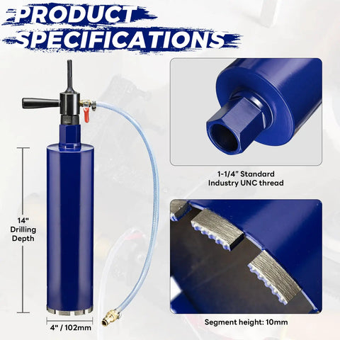 4 Inch Pro Core Drill Bit With SDS Plus Water Injection Adapter 14 Inch Depth Wet Core Bits For Concrete With Rebar Brick