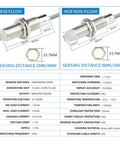 Capacitive Proximity Sensor With NPN And PNP Output For Metal Pipe Applications M12 6mm Sensing Non Flush Mount High Sensitivity And Fast Response Durable Metal Body Versatile Industrial Automation Sensor with specifications and dimensions.