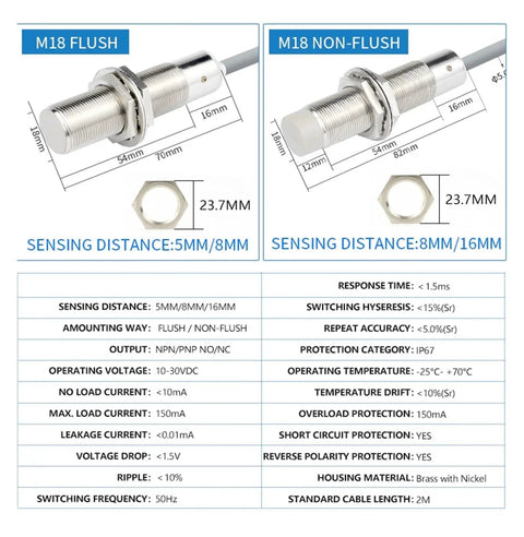 Capacitive Proximity Sensor With NPN And PNP Output For Metal Pipe Applications M12 6mm Sensing Non Flush Mount High Sensitivity And Fast Response Durable Metal Body Versatile Industrial Automation Sensor with specifications and dimensions.