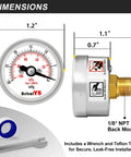 AetralYB mini vacuum pressure gauge with 1.2 inch dial, stainless steel housing, 1/8 inch NPT back mount.
