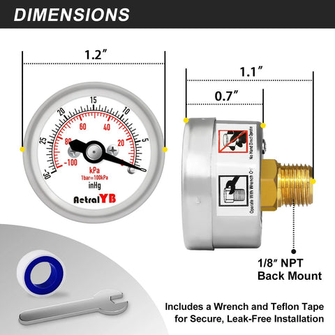 AetralYB mini vacuum pressure gauge with 1.2 inch dial, stainless steel housing, 1/8 inch NPT back mount.