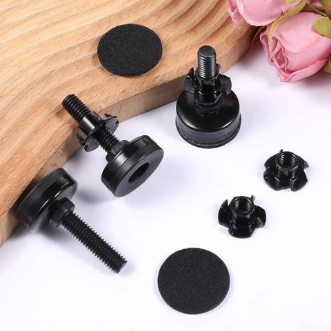 4 Pack Adjustable Furniture Feet Built Tough Solid Steel Table Levelers with protective felt pads and T nuts on wood background.