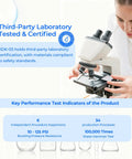 Laboratory technician examining HDK-05 under microscope for third-party testing certification and safety compliance.