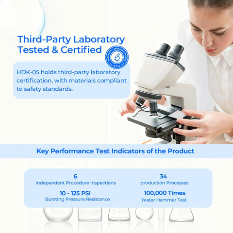 Laboratory technician examining HDK-05 under microscope for third-party testing certification and safety compliance.