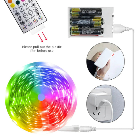 66 Foot LED Strip Lights For Bedroom With Dope Music Sync And RGB Color Changing, battery pack, remote, and plug details.