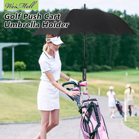 Heavy Duty Golf Push Cart Umbrella Holder 180 Degree Adjustable Clamp mounted on pink golf cart on course
