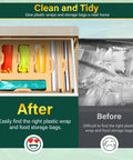 Slick Bamboo Kitchen Drawer Organizer With Plastic Wrap Dispenser And Foil Cutter, 6 In 1 Multi Size Bag Holder for neat food storage.