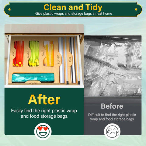 Slick Bamboo Kitchen Drawer Organizer With Plastic Wrap Dispenser And Foil Cutter, 6 In 1 Multi Size Bag Holder for neat food storage.